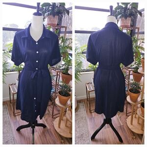 Navy Button-Down Shirt Dress with Tie Waist